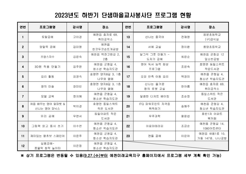 1.2023년도 하반기 단샘마을교사봉사단 프로그램 수강신청 안내